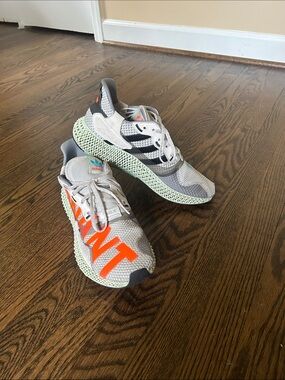 adidas Grey Knit Sneakers with Neon Orange Graphic and Mint 4D Sole